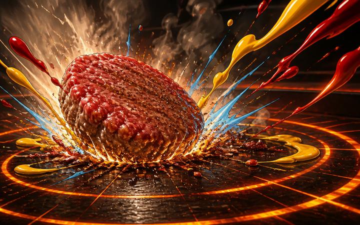 Illustration of a beef patty smashing onto a hot griddle with steam and impact rings
