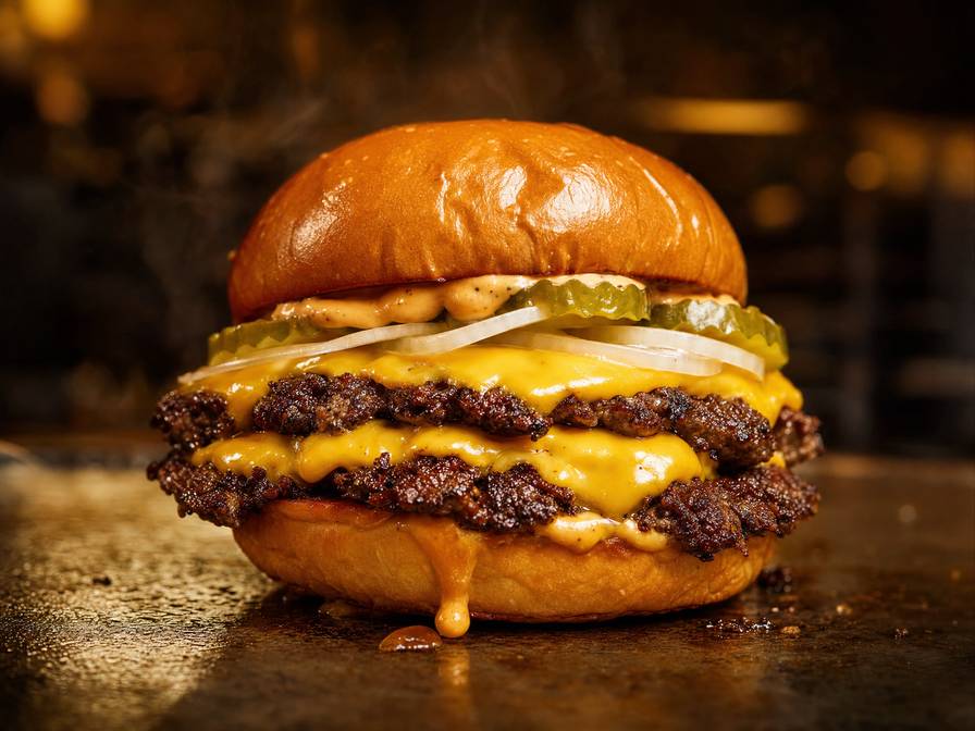 Close-up of a delicious double smashburger with melted cheese and a glossy toasted bun